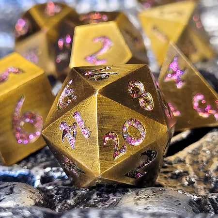 Forged Signature Bronze Purple Glitter Metal RPG Dice Set of 7
