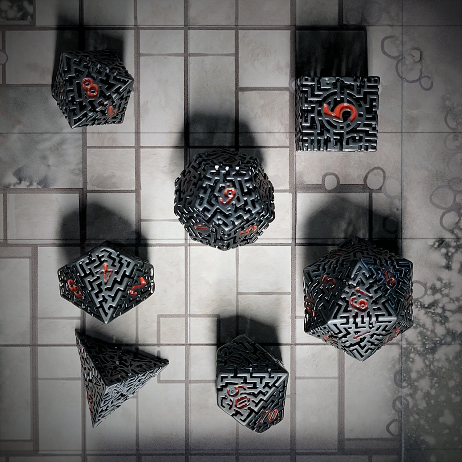 Mad Maze Gunmetal with Red Numbers Hollow Metal Dice Set of 7