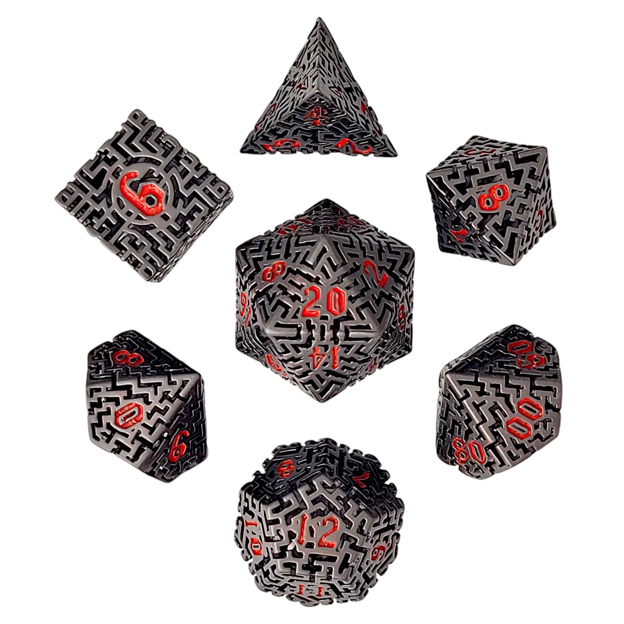 Mad Maze Gunmetal with Red Numbers Hollow Metal Dice Set of 7